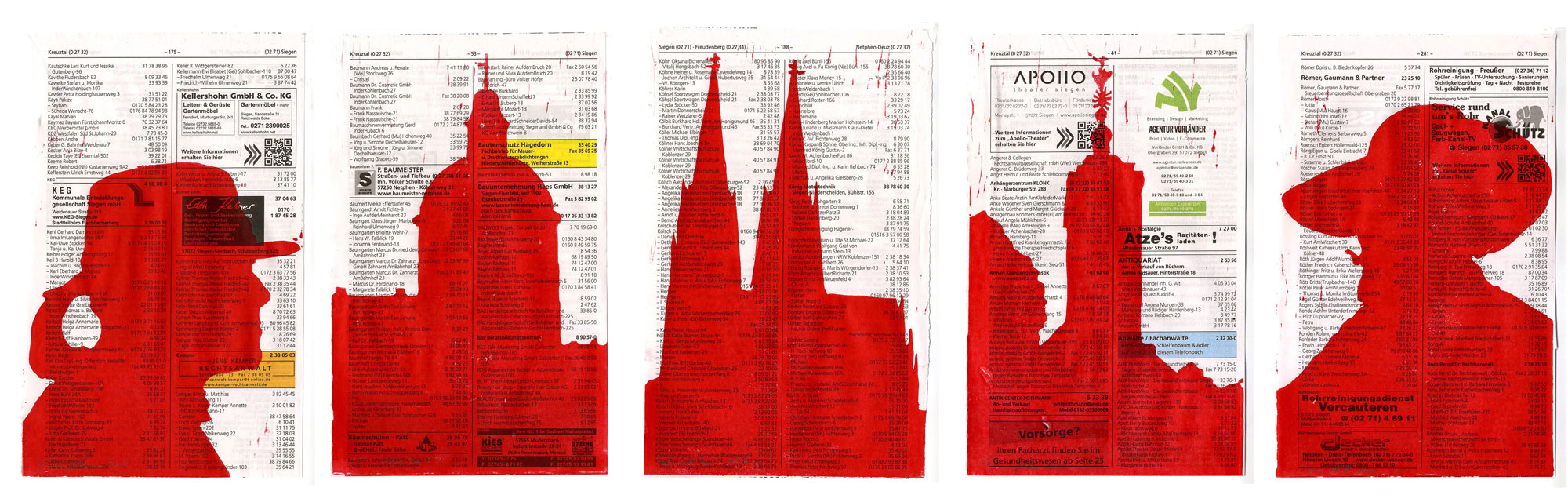 Linolschnitte auf Telefonbuchseiten: Rubens, Nikolaikirche, Dicker Turm, Kellner oder der Kölner Dom